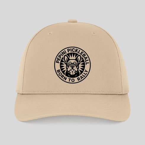 Beige cap with black pickleball logo on a light gray background